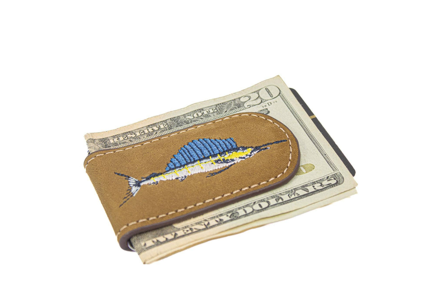 Embroidered Fish Leather Money Clip.