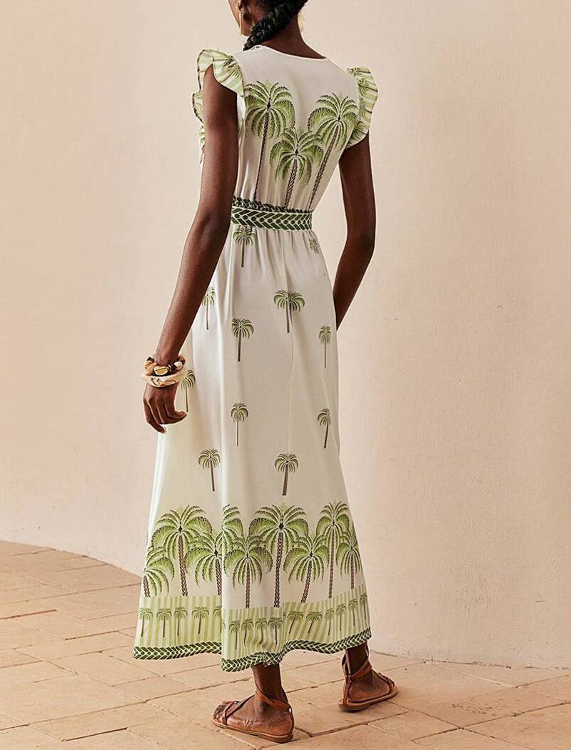 Palm Print Maxi Dress with Flutter Sleeves