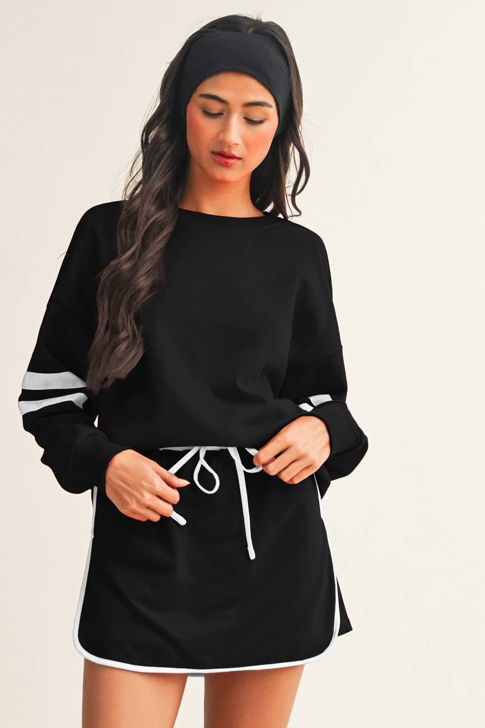 Stripe Detail Drop Shoulder Pullover Mini Skirt Set