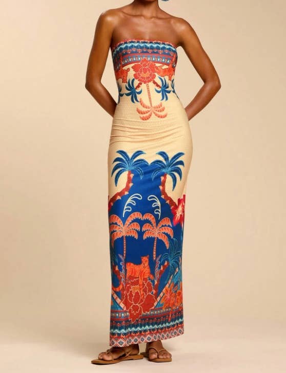 Tropical Floral Print Strapless Maxi Dress Tube Dress