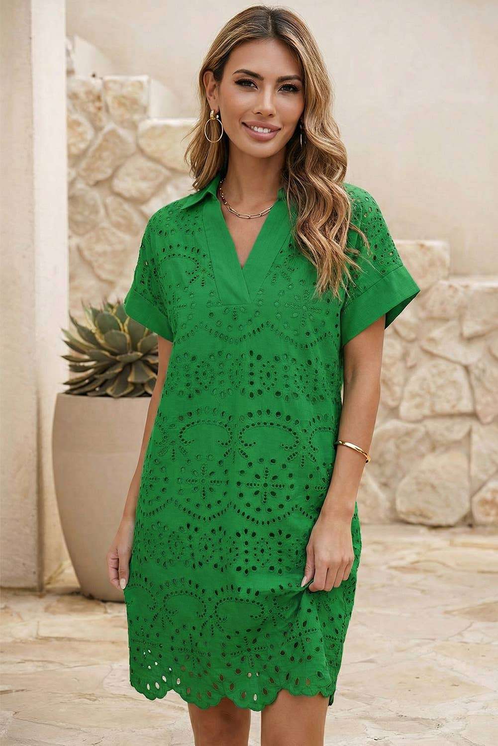 Solid Color Eyelet Embroidered T Shirt Mini Dress
