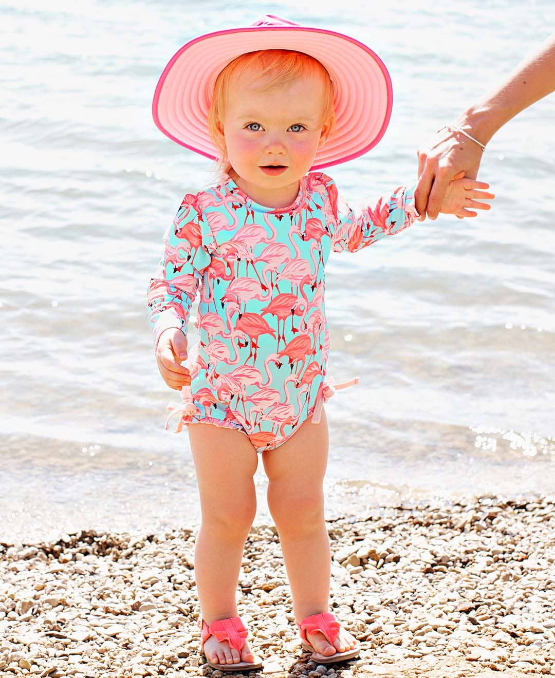 Baby Girls Fab Flamingo Long Sleeve One Piece Rash Guard Swimsuit with Signature Rear Ruffles