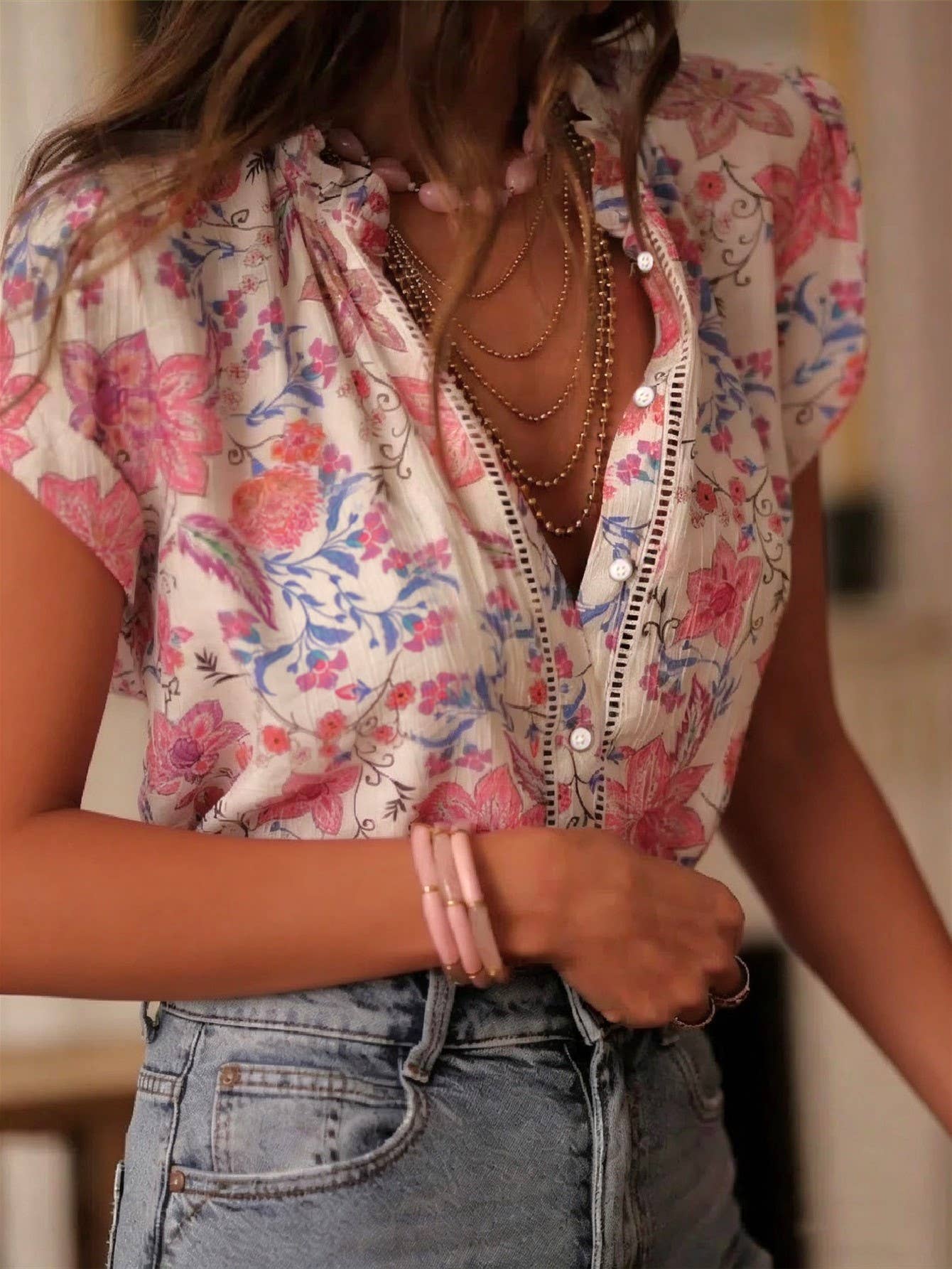 Charming Ditsy Floral Print Button Short Sleeve Top