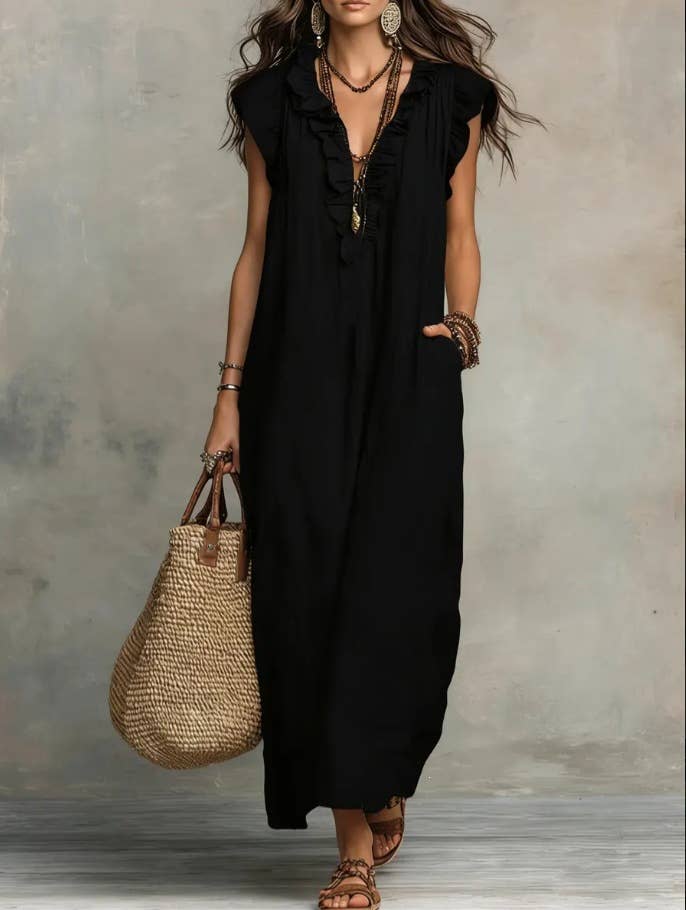 Boho Loose Fit Ruffle Collar Dress with Flutter Cap Sleeves