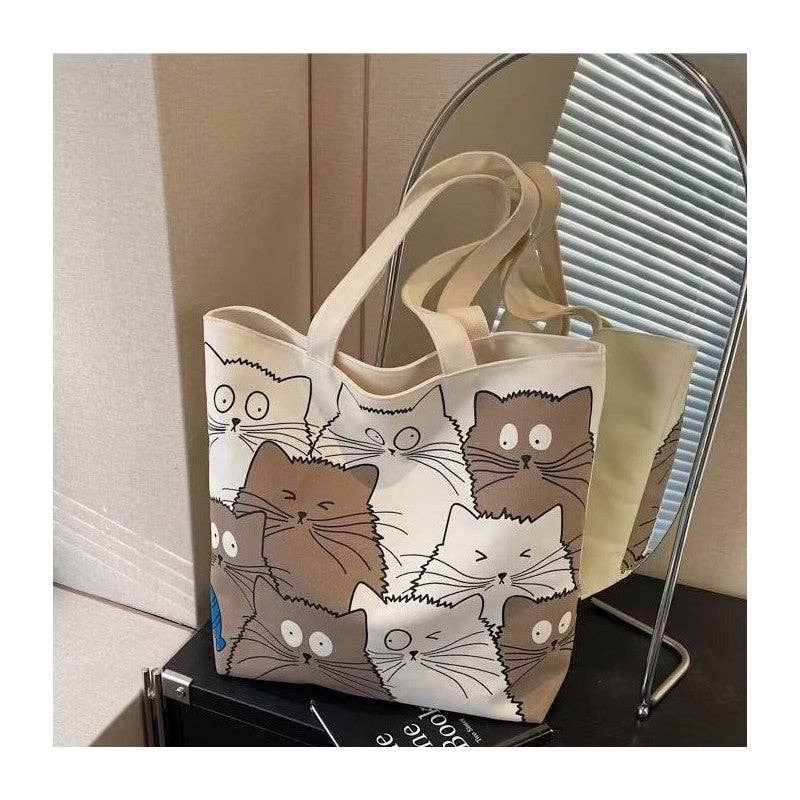 Large Capacity Canvas Tote Cat Cartoon Print