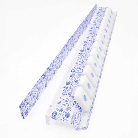 Blue and White Chinoiserie Mahjong Rack and Pusher, Set of 4