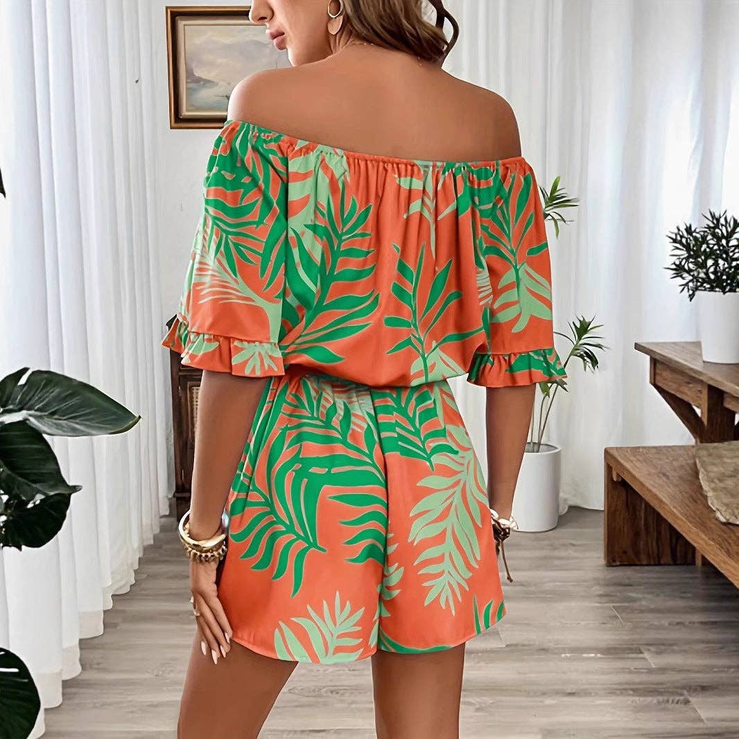 Women's Tropical Print Off Shoulder Ruffle Hem Jumpsuit