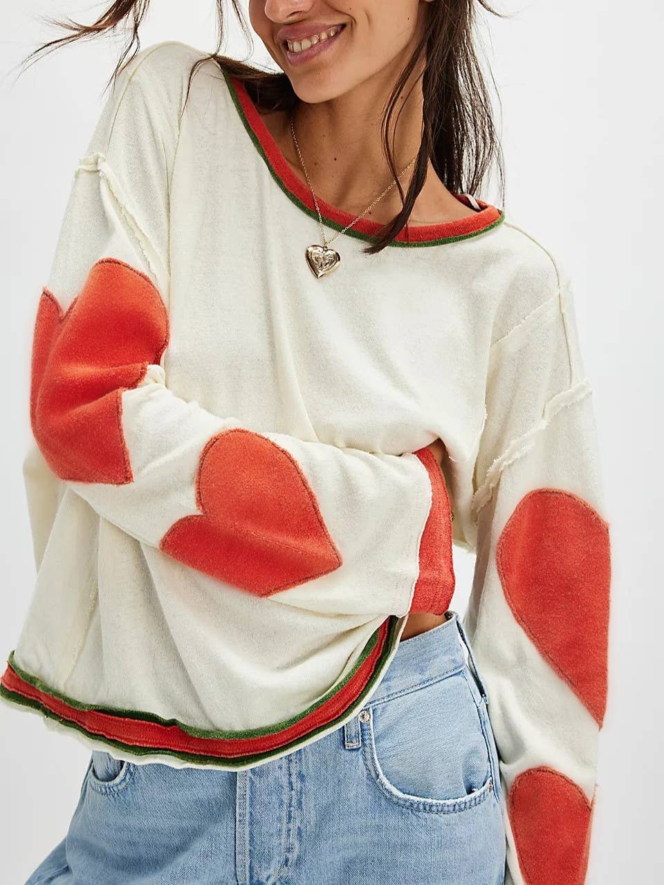 V day heart patch Relaxed fit crewneck long -sleeve shirt