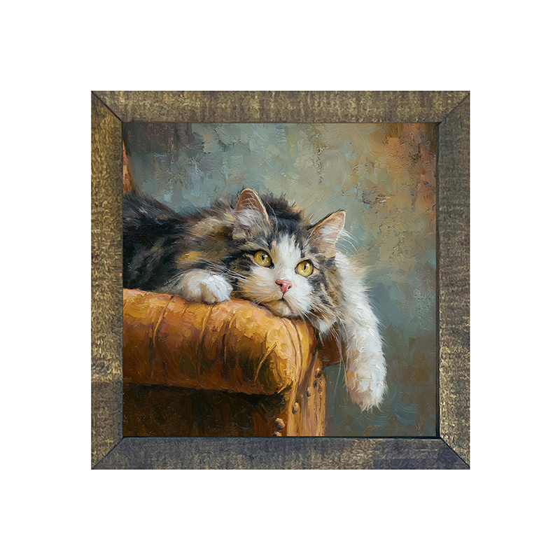 Armchair with Lounging Cat - Square Box Frame