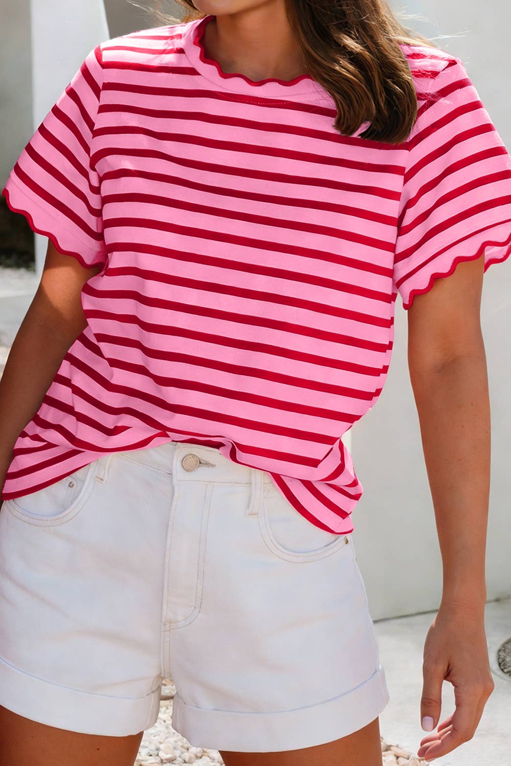 Scalloped Trim Round Neck Stripe T Shirt