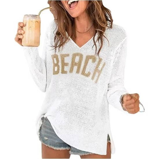 "Beach" Letter Print V-Neck Hollow Knit Blouse