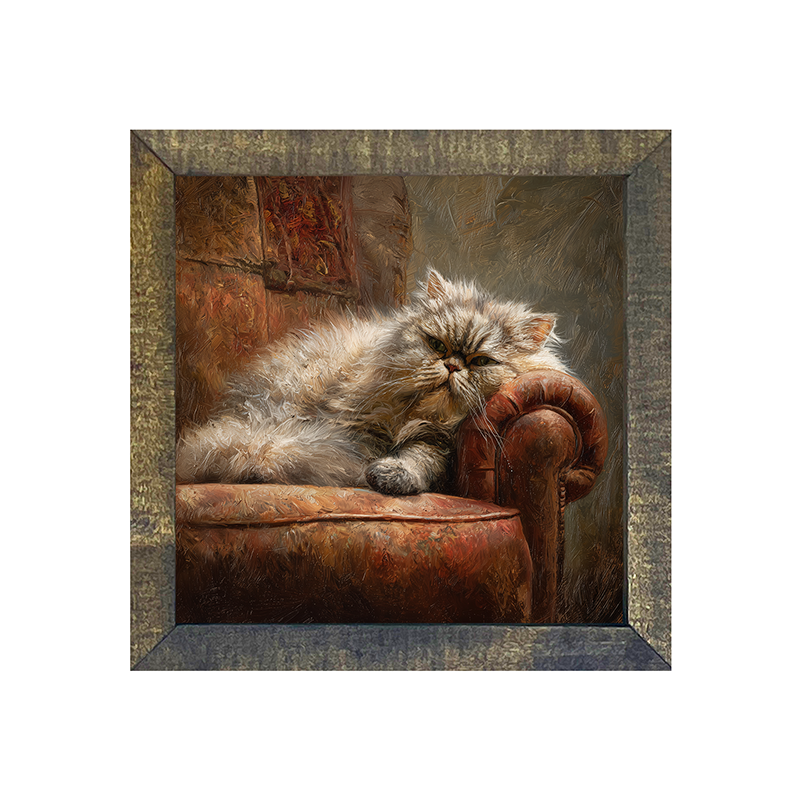 Armchair with Lounging Persian Cat - Square Box Frame