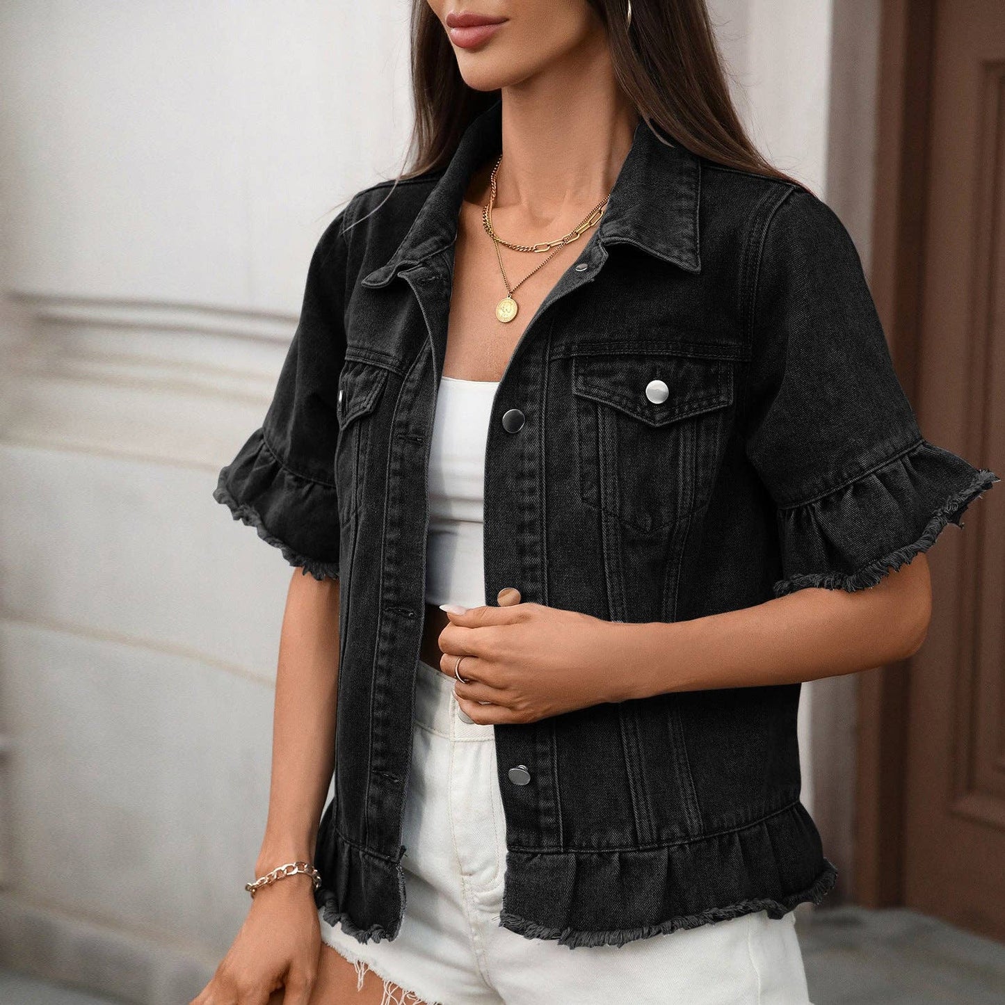 Fringe Hem Three-Quarter Sleeve Lapel Denim Jacket