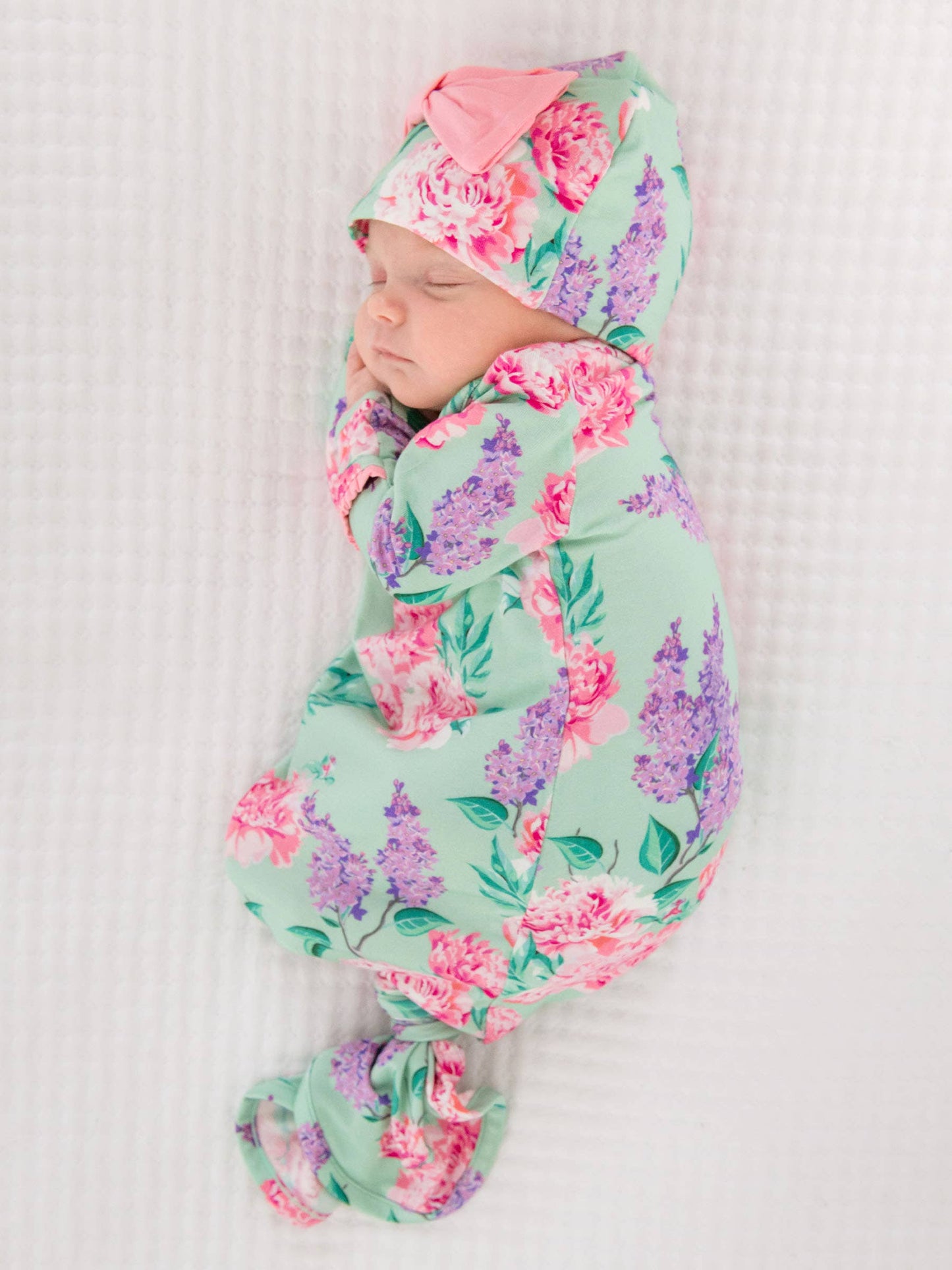 SoftSnooze™ Baby Girls Bamboo Viscose Sage Garden Ruffle Knotted Sleep Gown & Bow Hat Set