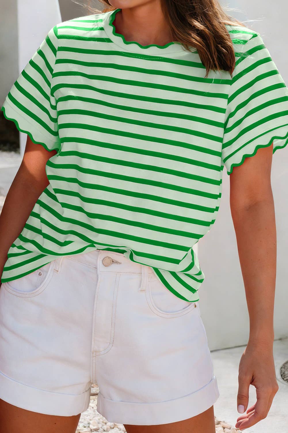 Scalloped Trim Round Neck Stripe T Shirt