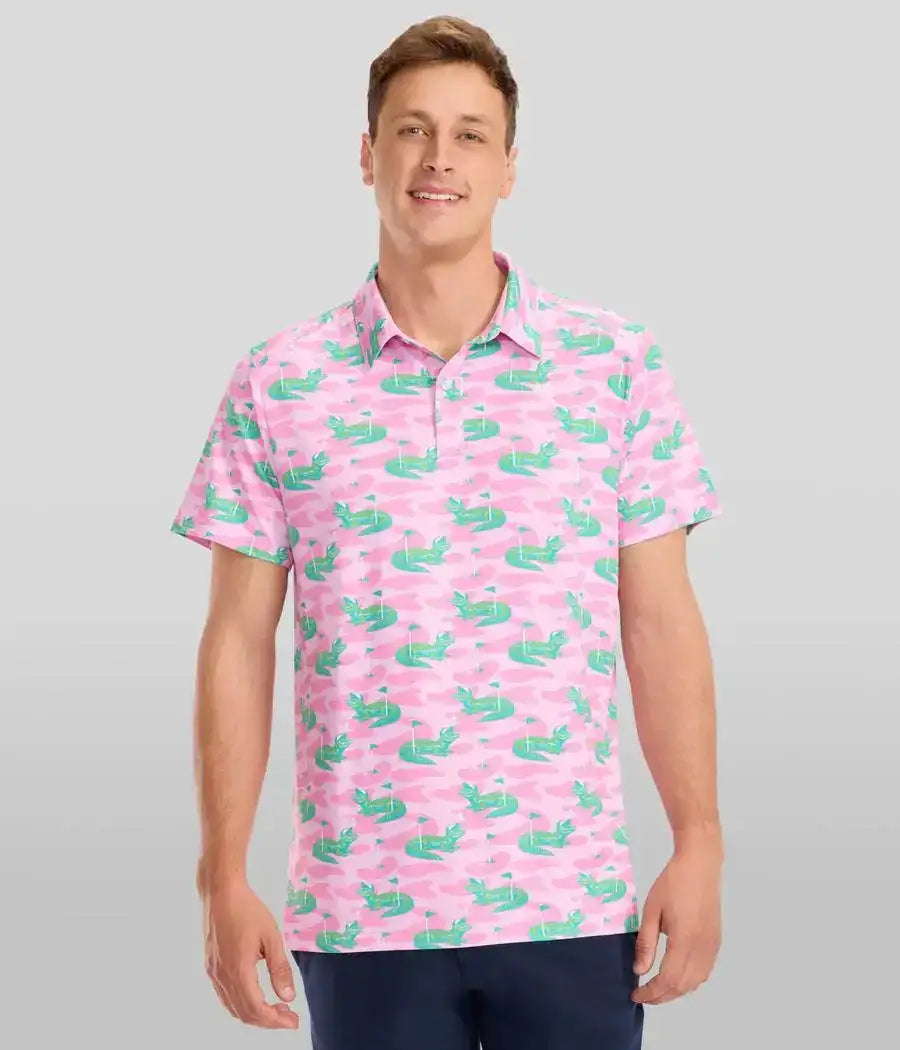 Gator Golfer Pink Men's Golf Polo - Fun Alligator Golf Shirt